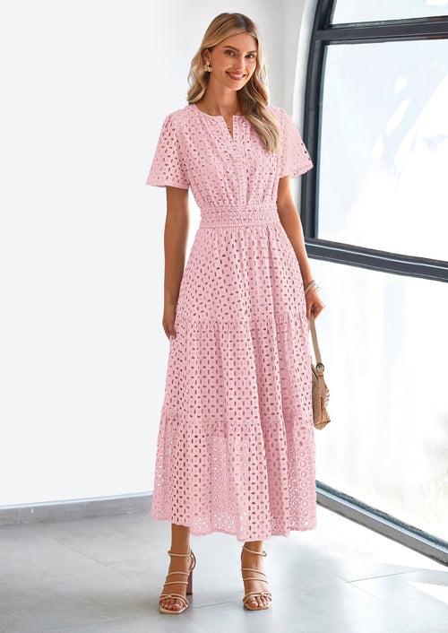 PRETTYGARDEN Womens Maxi Dress Short Sleeve V Neck Hollow Out Eyelet A Line Long Flowy Beach Vacation Dresses - PRETTYGARDEN