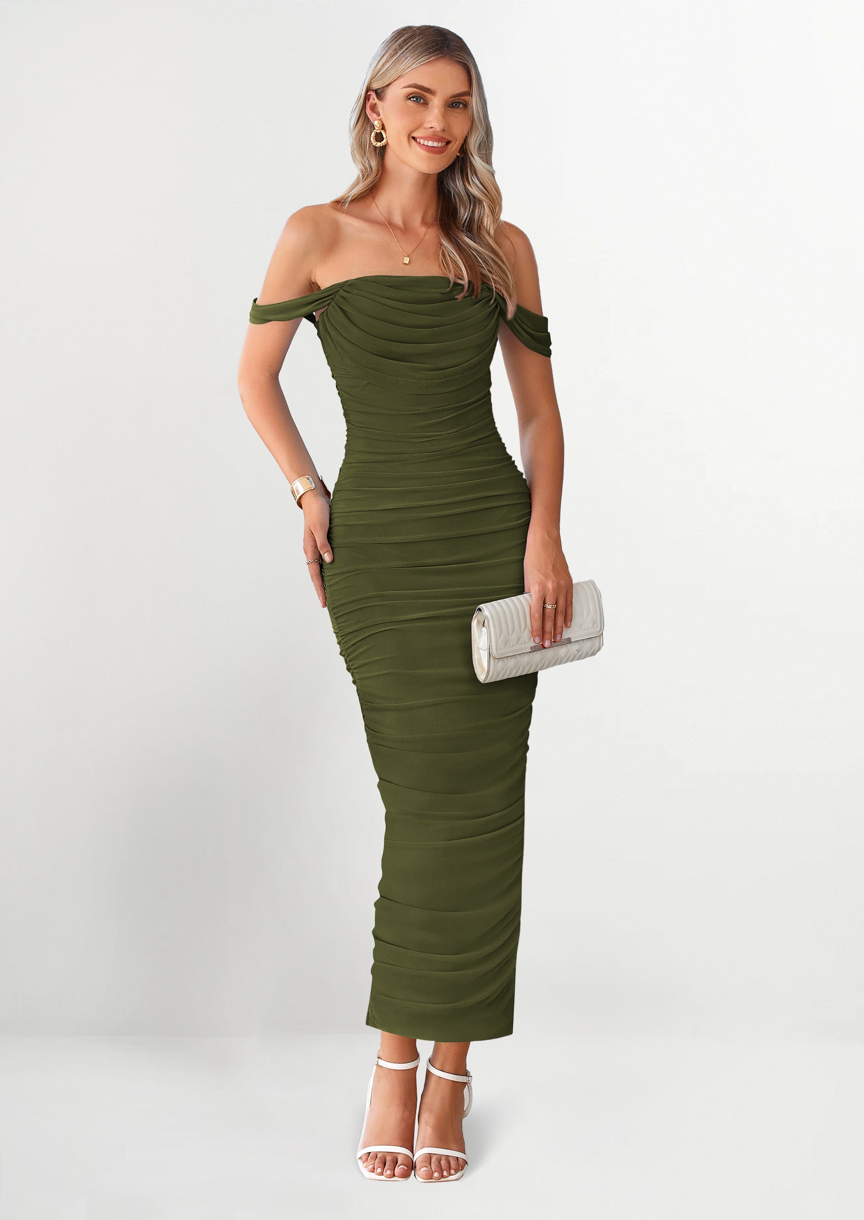 PRETTYGARDEN Womens Off The Shoulder Dress Ruched Bodycon Sleeveless Split Cocktail Party Maxi Dresses