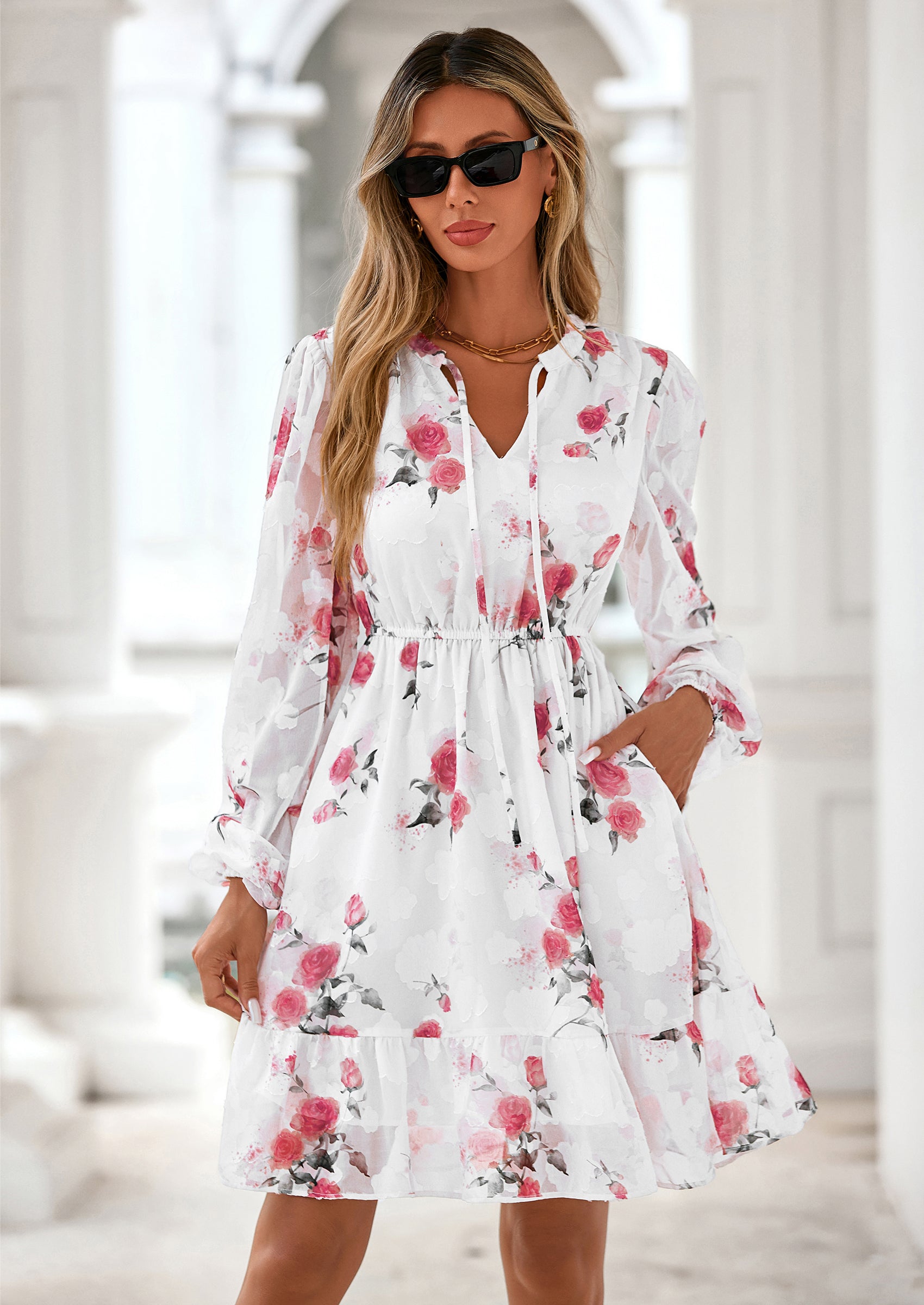 PRETTYGARDEN Women's Fall Boho Dresses Floral Long Sleeve V Neck Mini Flowy Wedding Guest Dress Trendy Vacation Outfits