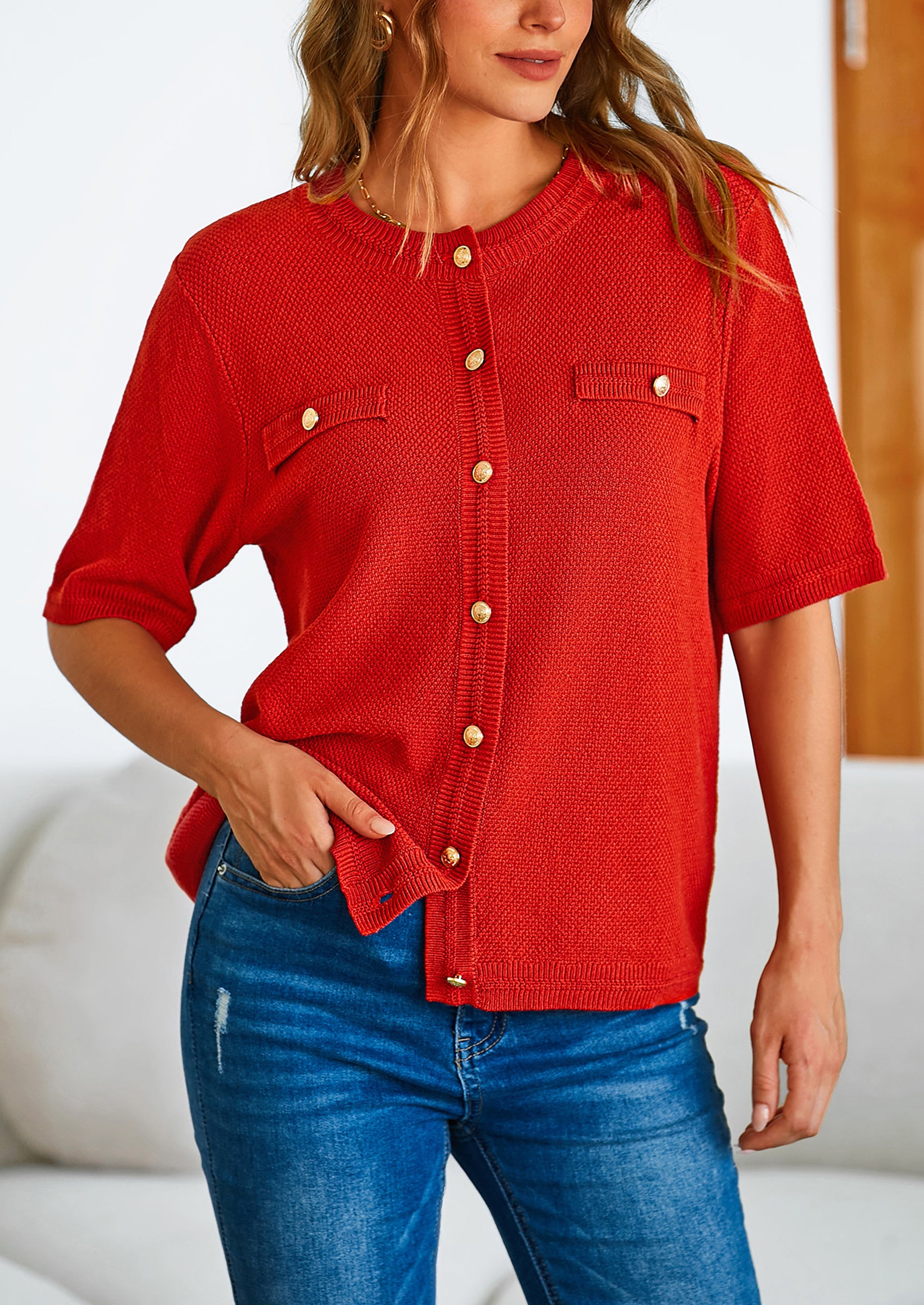 PRETTYGARDEN Women's Summer Button Down Shirts Casual Short Sleeve Crew Neck Ribbed Knit Blouse Top Cardigans