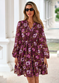 PRETTYGARDEN Women's Fall Boho Dresses Floral Long Sleeve V Neck Mini Flowy Wedding Guest Dress Trendy Vacation Outfits