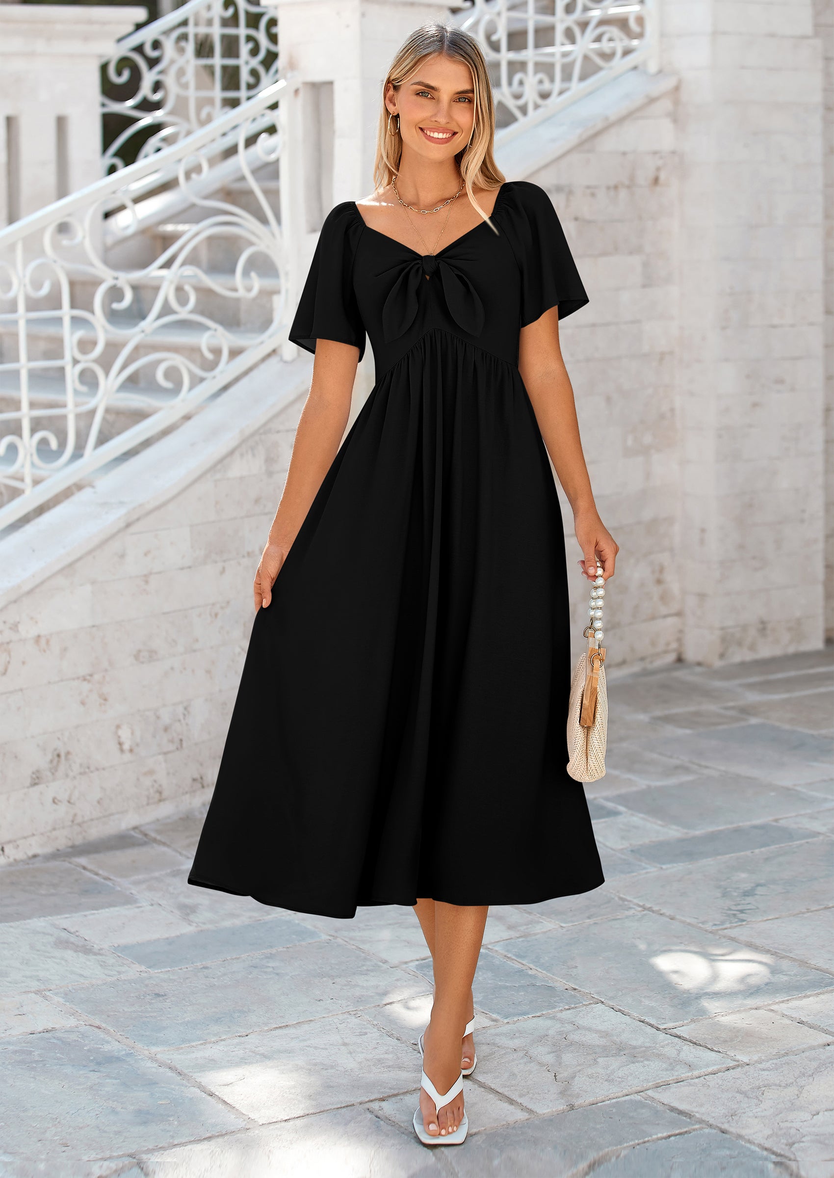 PRETTYGARDEN Summer Dress for Women Casual Short Sleeve Bow Tie V Neck Ruffle Midi Flowy Dresses