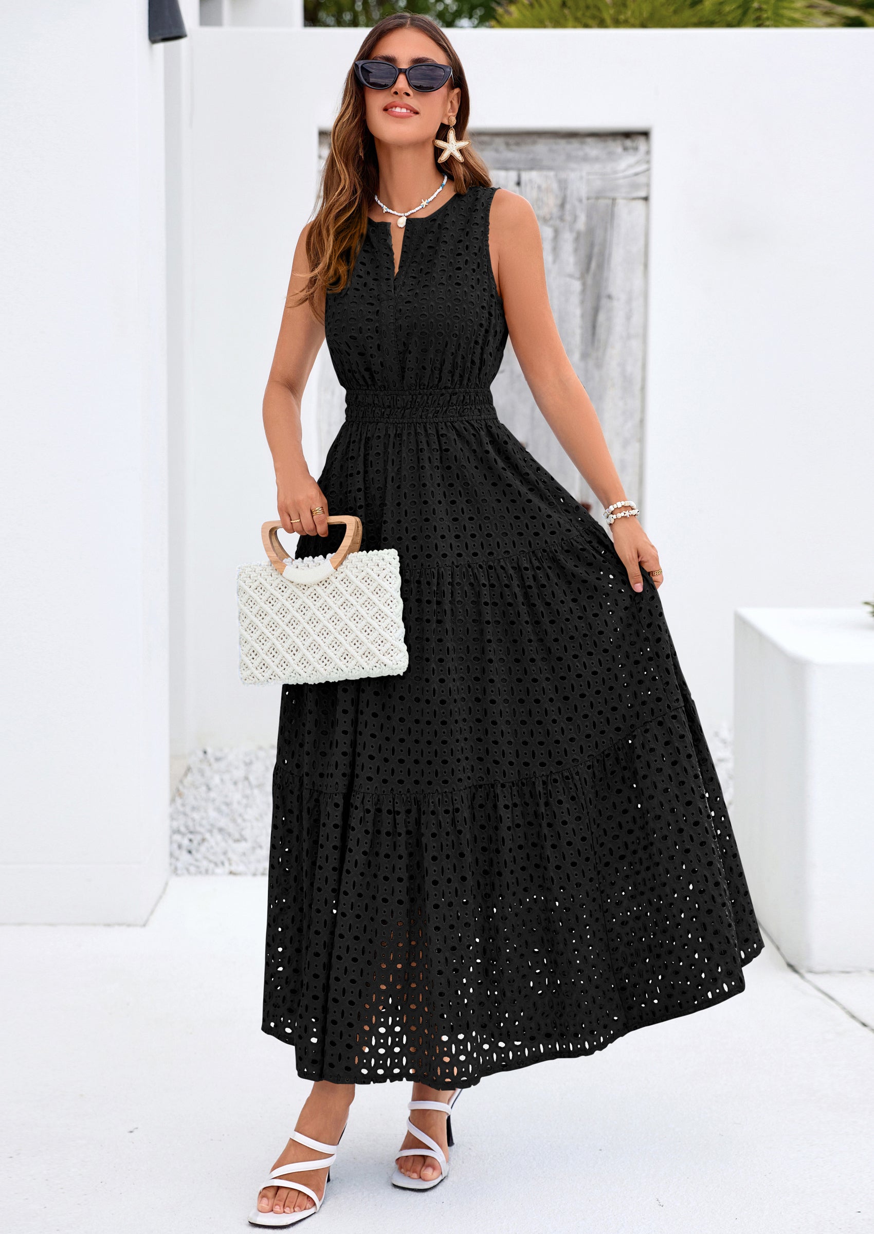 PRETTYGARDEN Summer Dresses for Women Sundresses Sleeveless V Neck Eyelet A Line Flowy Beach Vacation Spring Maxi Dress PRETTYGARDEN