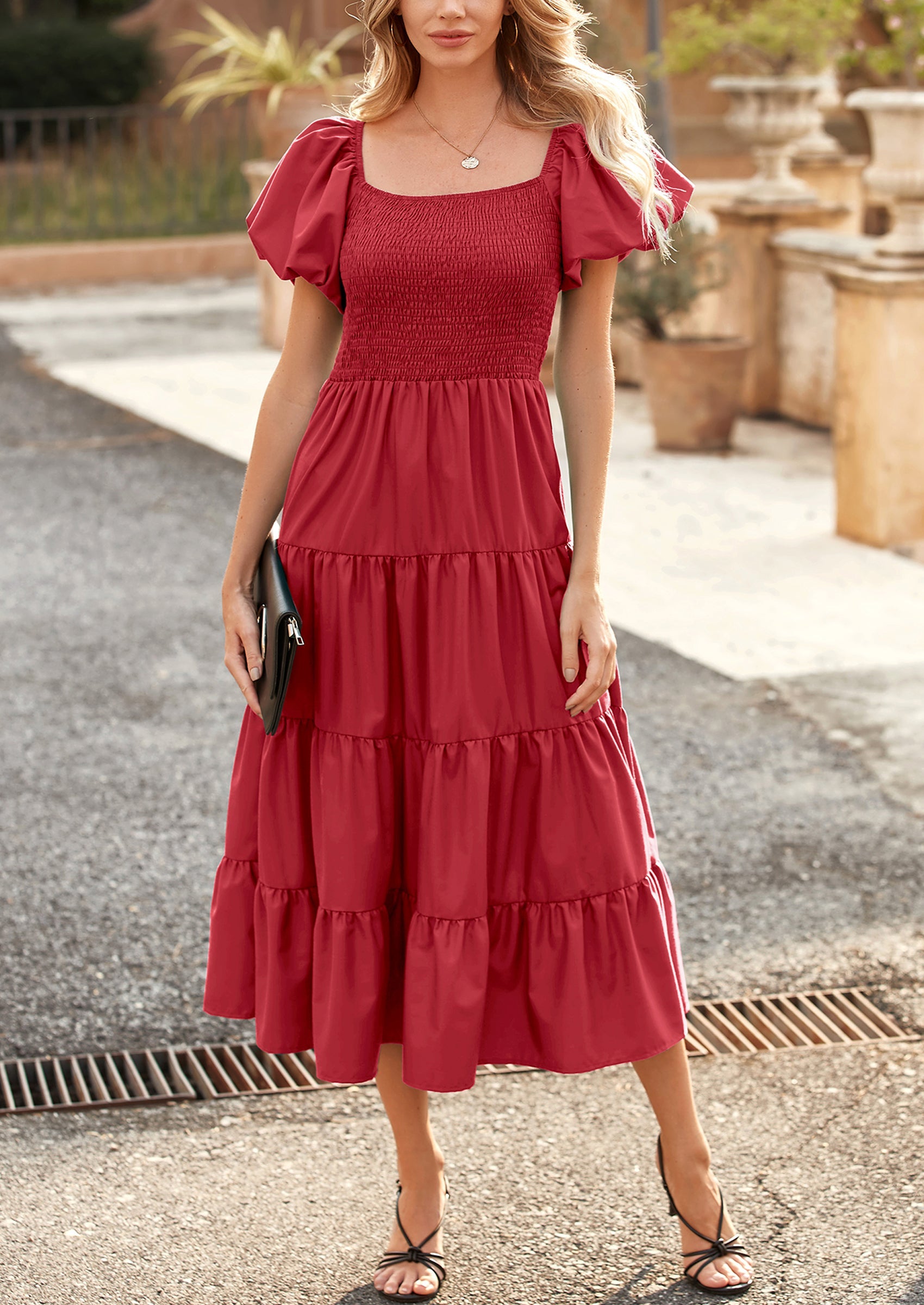 PRETTYGARDEN Women's Summer Casual Midi Dress Puffy Short Sleeve Squar