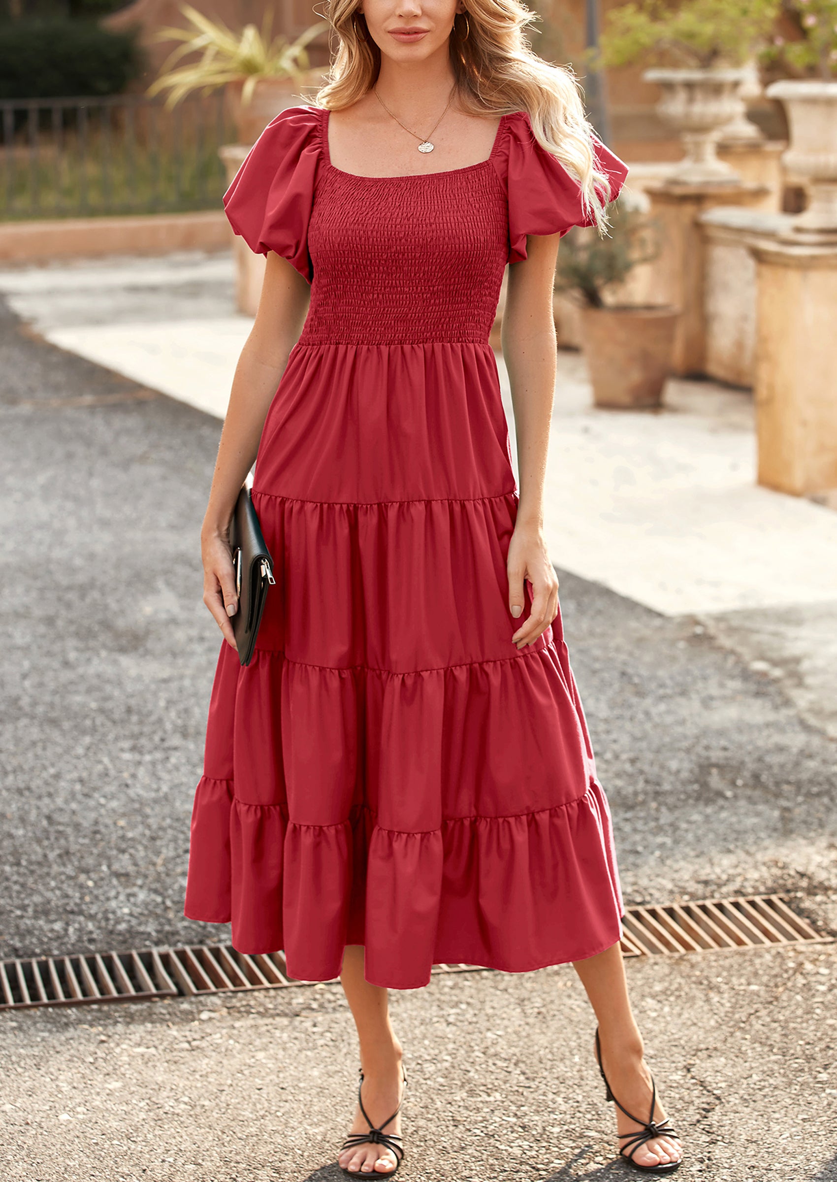 PRETTYGARDEN Women's Summer Casual Midi Dress Puffy Short Sleeve Square Neck Smocked Tiered Ruffle Dresses