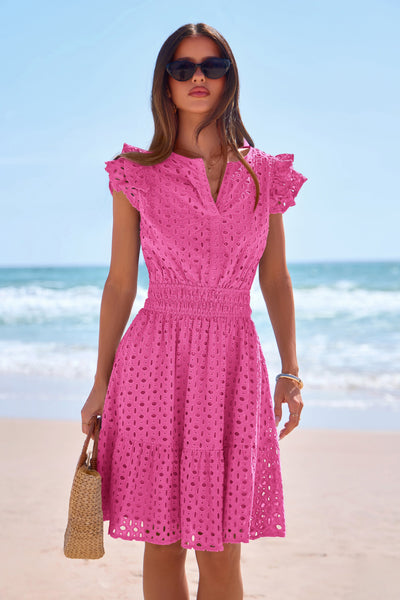 PRETTYGARDEN Women's Summer Sundresses Eyelet Cap Sleeve V Neck Short Boho Wedding Guest Dress Beach Vacation Clothes PRETTYGARDEN