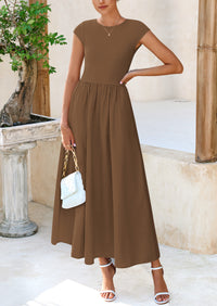 PRETTYGARDEN Women's Casual Long Dresses Cap Sleeve Patchwork A Line Flowy Modest Elegant Homecoming Maxi Dress