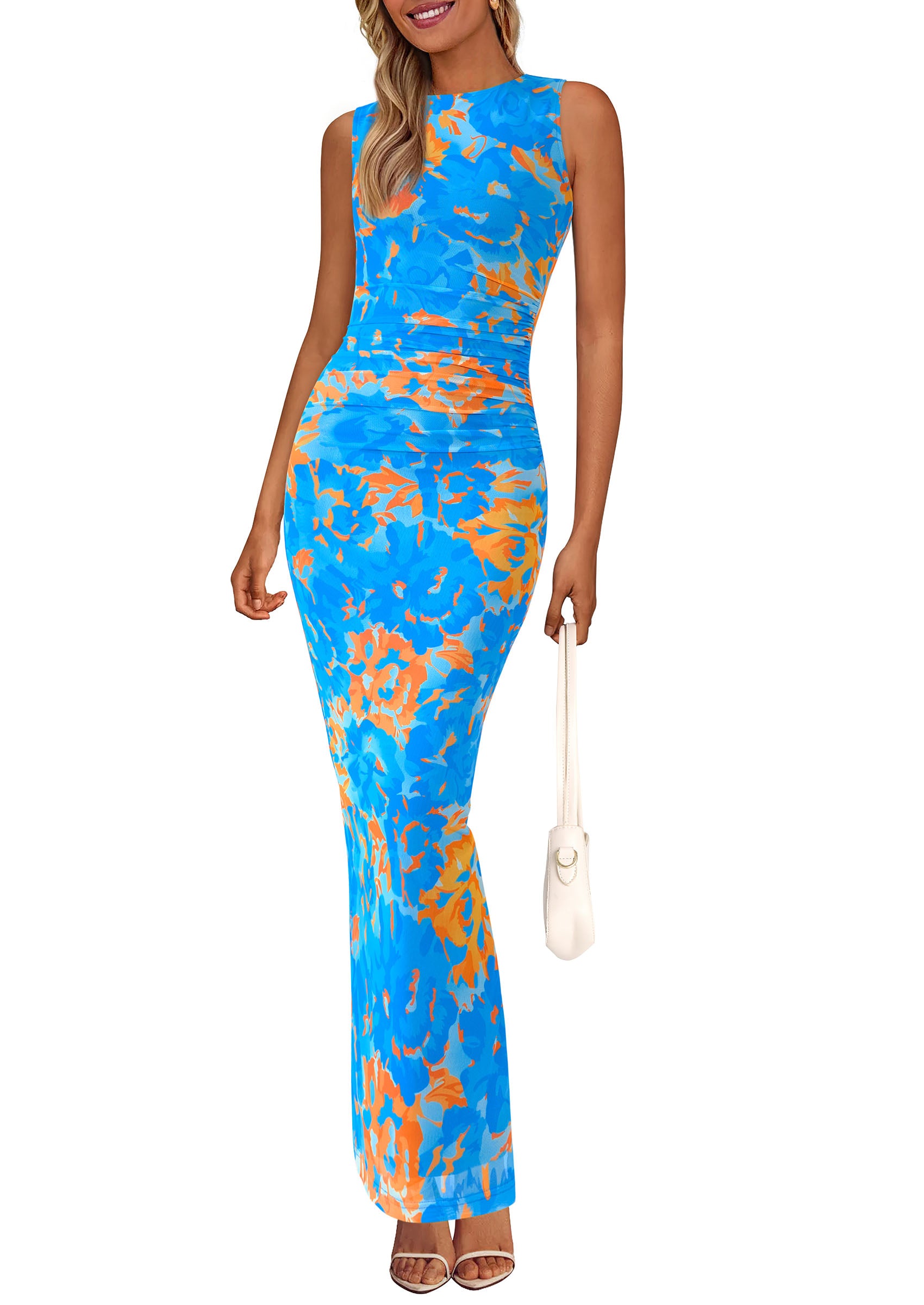 PRETTYGARDEN Wedding Guest Dresses for Women Spring Floral Bodycon Sleeveless Mesh Maxi Long Dress