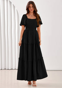 PRETTYGARDEN Summer Dresses for Women Boho Swiss Dot Smocked Square Neck Short Sleeve Spring Wedding Guest Maxi Dress PRETTYGARDEN