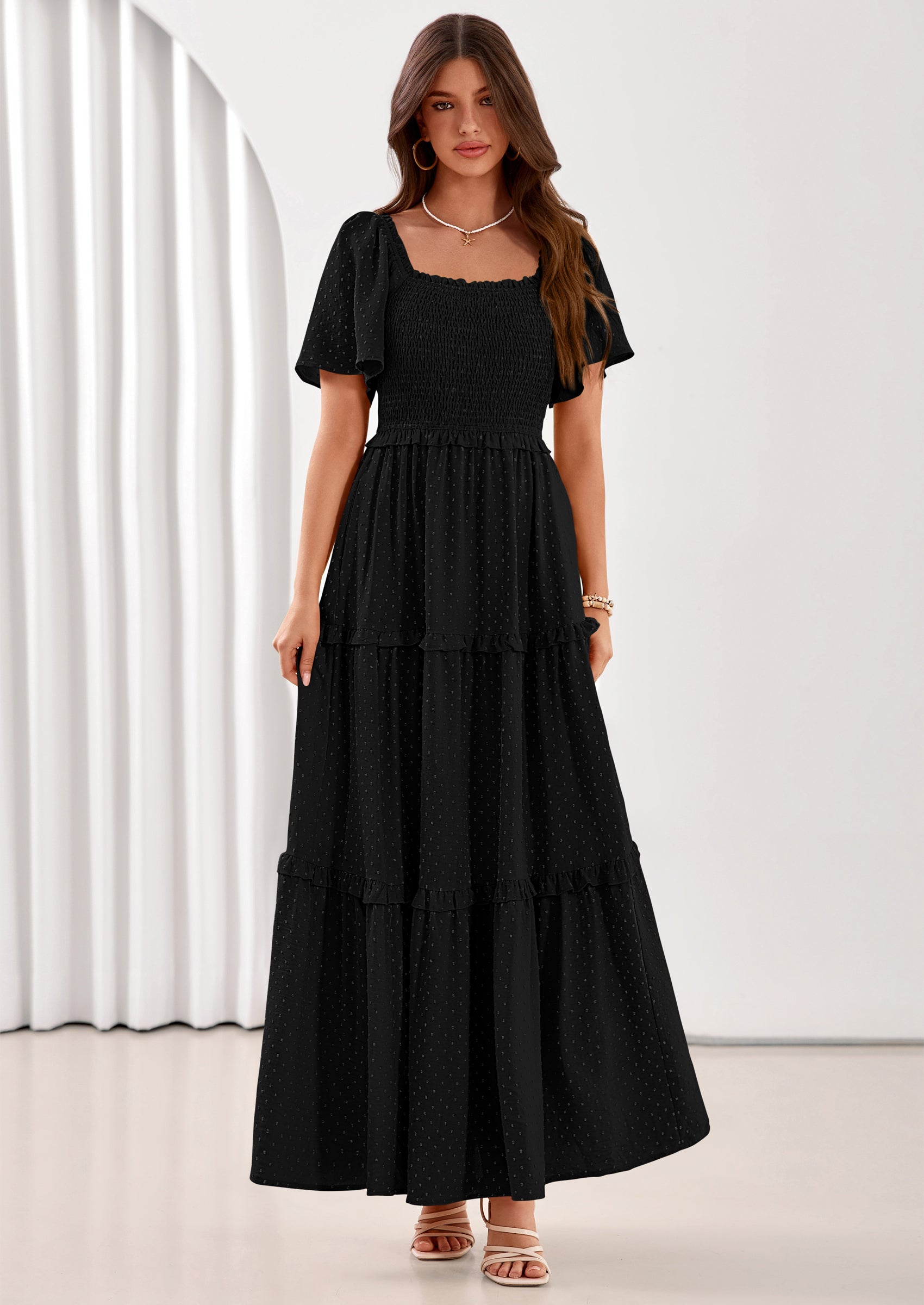 PRETTYGARDEN Summer Dresses for Women Boho Swiss Dot Smocked Square Neck Short Sleeve Spring Wedding Guest Maxi Dress PRETTYGARDEN