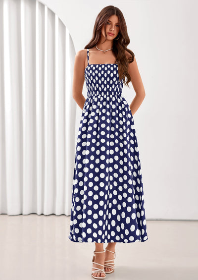 PRETTYGARDEN Womens Summer Dresses Spring Sleeveless Spaghetti Straps Casual Midi Dress Polka Dot Smocked Beach Sundress PRETTYGARDEN