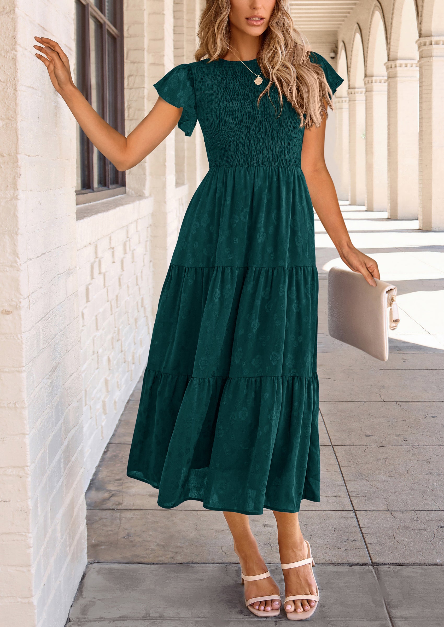 PRETTYGARDEN Midi Dress for Women Summer Floral Cap Sleeve Smocked Ruffle A Line Long Flowy Wedding Guest Dresses