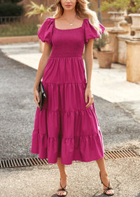 PRETTYGARDEN Women's Summer Casual Midi Dress Puffy Short Sleeve Square Neck Smocked Tiered Ruffle Dresses