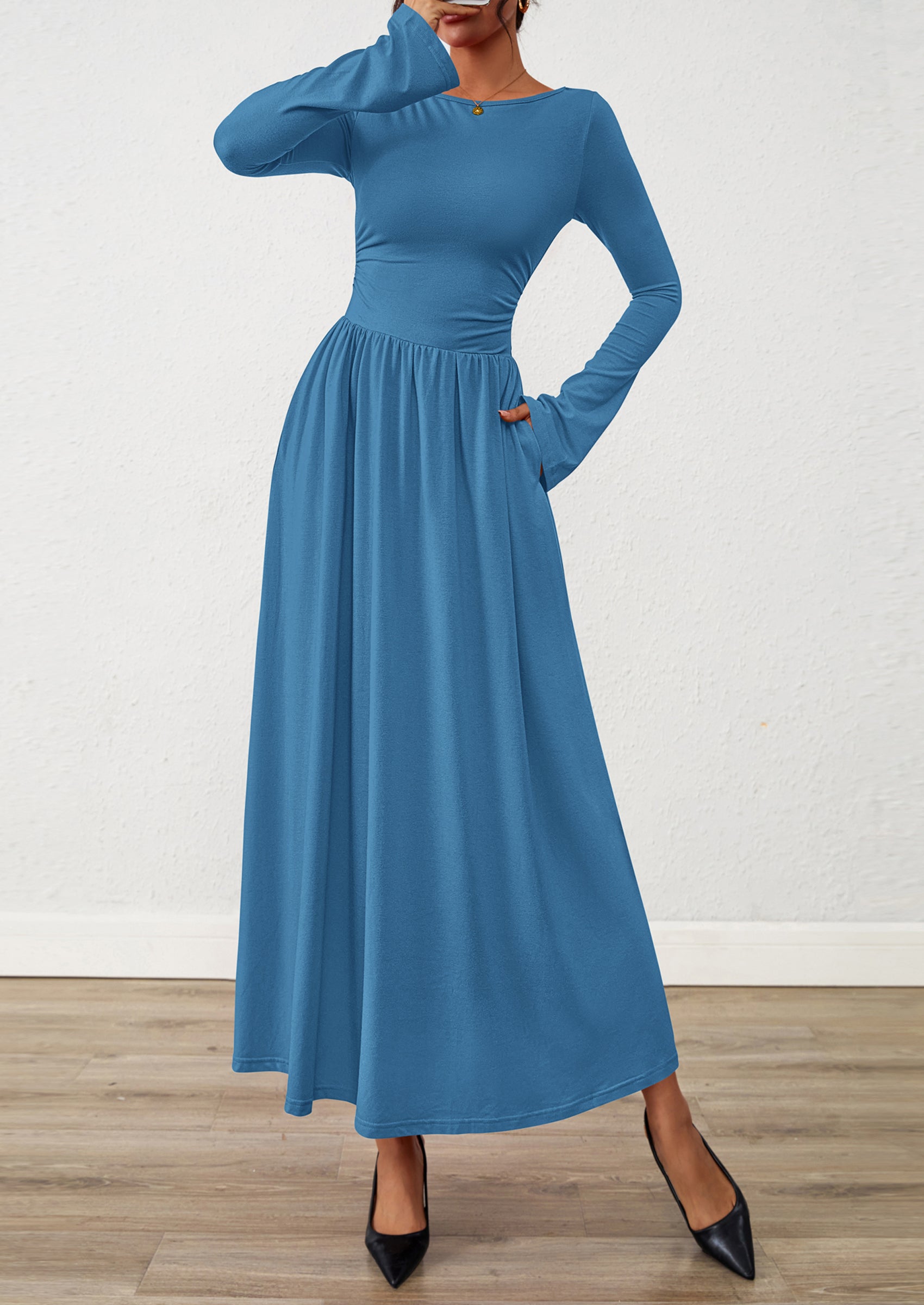 BTFBM Long Sleeve Maxi Dresses for Women Fall Casual Ruched Boat Neck Flowy Elegant Formal Wedding Guest Dress