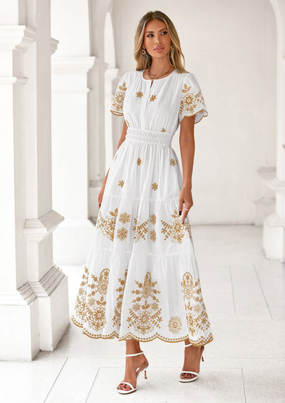 PRETTYGARDEN Boho Dresses for Women Summer Spring Casual Floral Short Sleeve V Neck Maxi Elastic Waist Dress Pockets PRETTYGARDEN