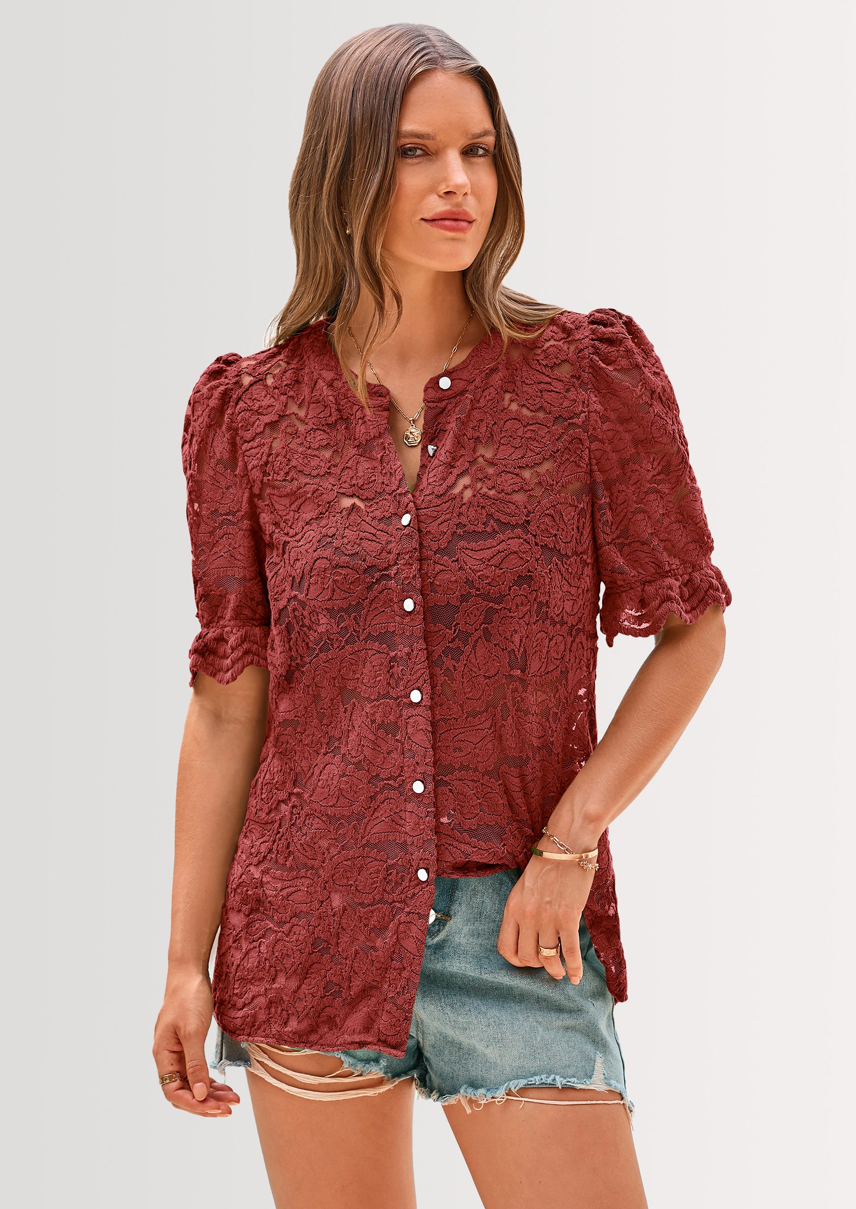 PRETTYGARDEN Womens Spring Lace Tops Short Puff Sleeve Casual Dressy Blouses Eyelet Crew Neck Button Down Shirts