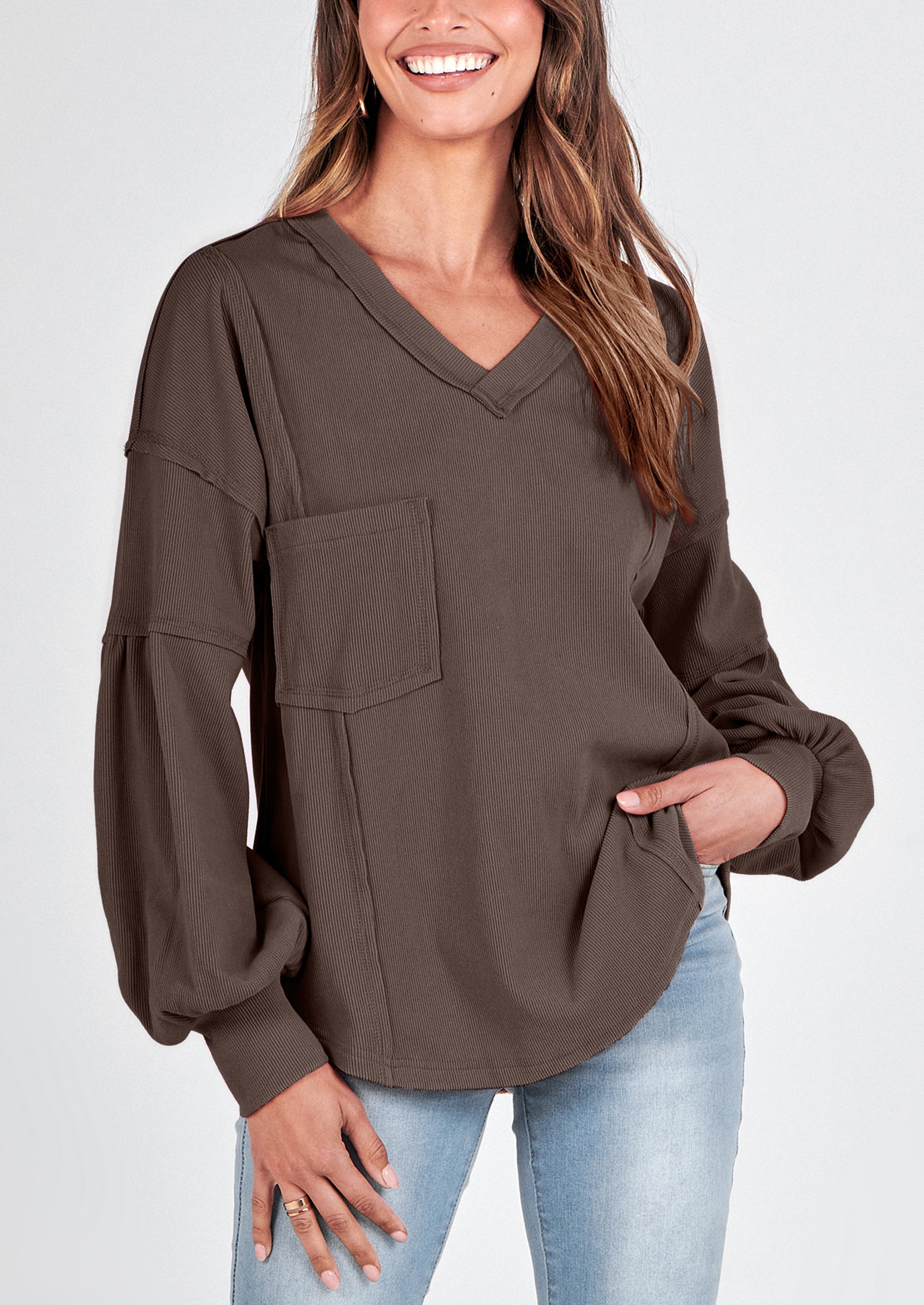 BTFBM Women's Ribbed Long Sleeve Tops Summer Spring Pullover Knit Casual V Neck Blouses Trendy Loose Fit Tunic Top