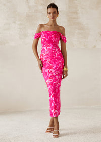 PRETTYGARDEN Maxi Dresses for Women Summer Elegant Floral Off Shoulder Ruched Mesh Cocktail Wedding Guest Dress