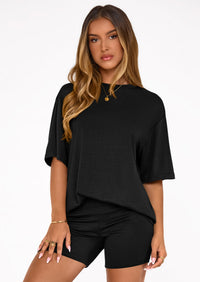 PRETTYGARDEN Women's Two Piece Matching Lounge Sets Summer Casual Tops Short Sleeve Shirts Shorts Travel Airport Outfits PRETTYGARDEN