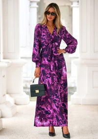 PRETTYGARDEN Women's Fall Boho Maxi Dress Floral Long Sleeve V Neck Flowy Belted Elegant Holiday Party Dresses