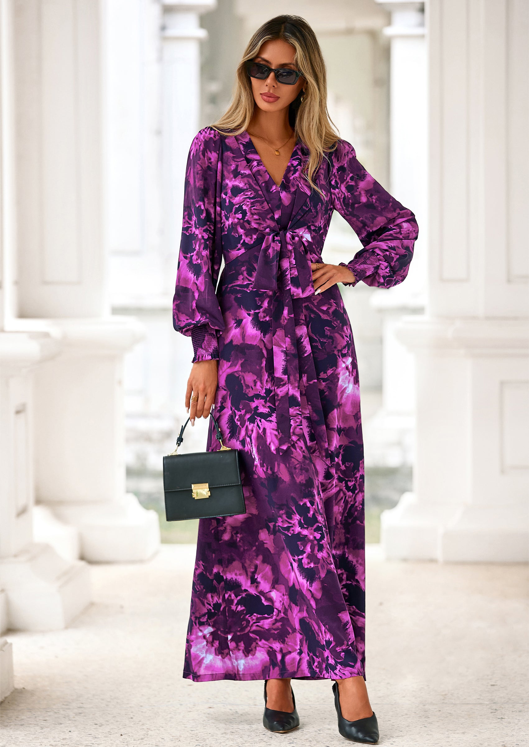 PRETTYGARDEN Women's Fall Boho Maxi Dress Floral Long Sleeve V Neck Flowy Belted Elegant Holiday Party Dresses