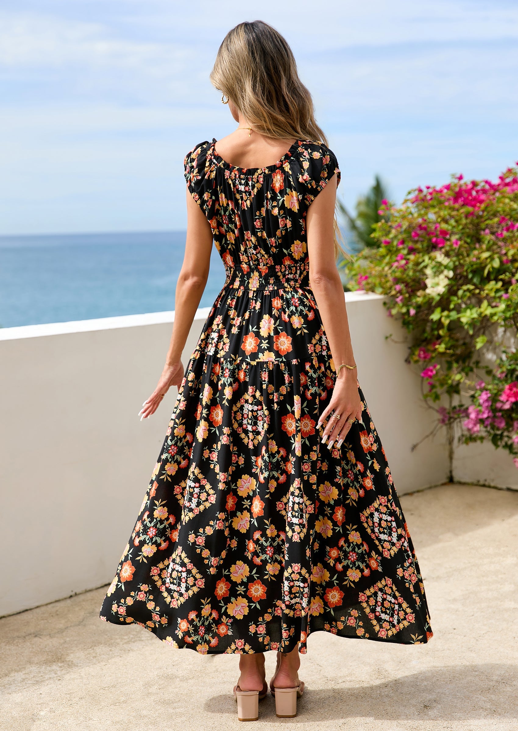 PRETTYGARDEN Women's Boho Maxi Dress Summer Cap Sleeve Long Flowy Beach Vacation Floral Sundresses Spring Resort Wear PRETTYGARDEN