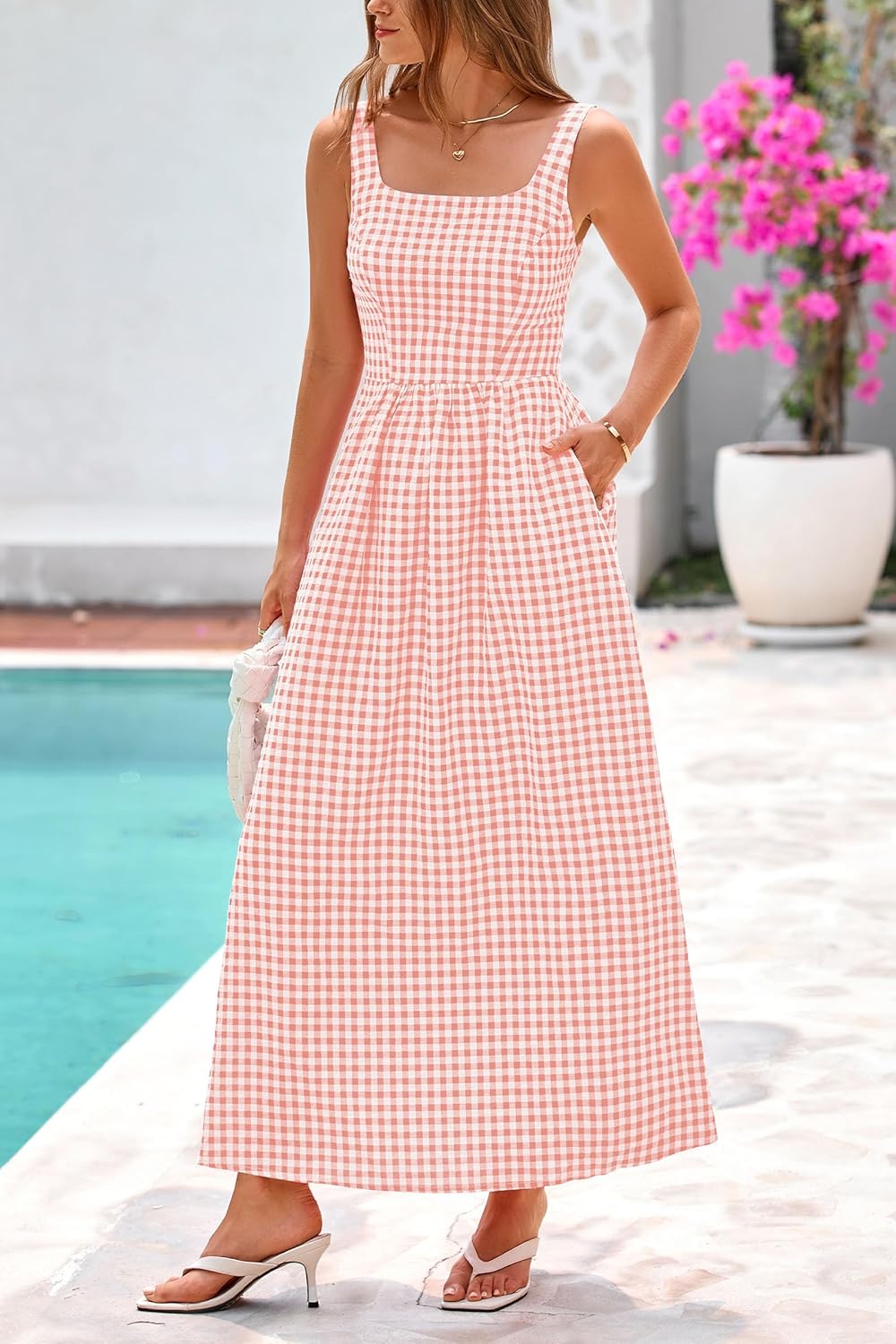 Women's Summer Spaghetti Strap Maxi Dresses Plaid Square Neck A Line Smocked Casual Vacation Long Sundress