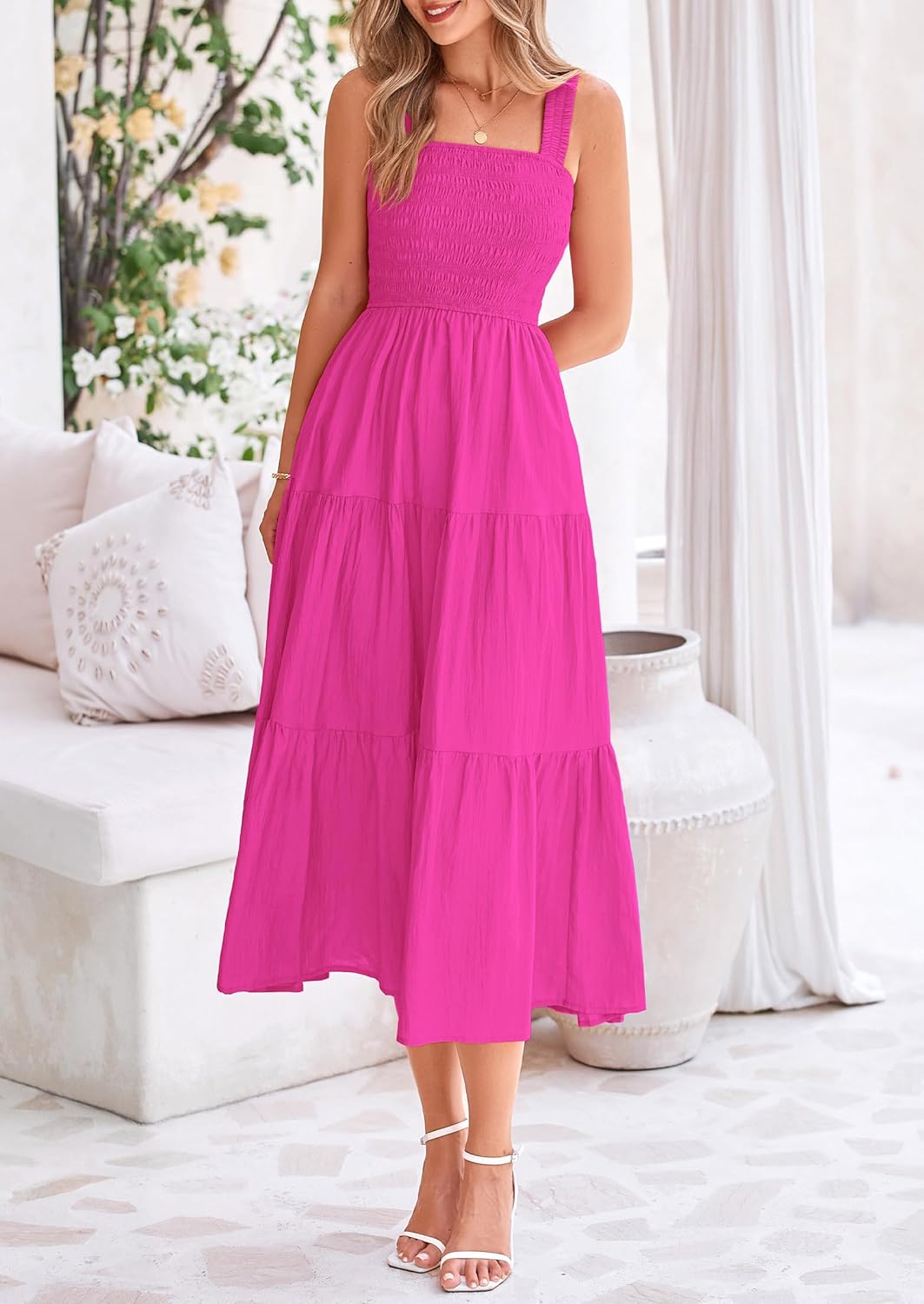 Womens Smocked Summer  Ruffle A Line Long Flowy Dresses Cute Sleeveless Beach Sundress Midi Dress