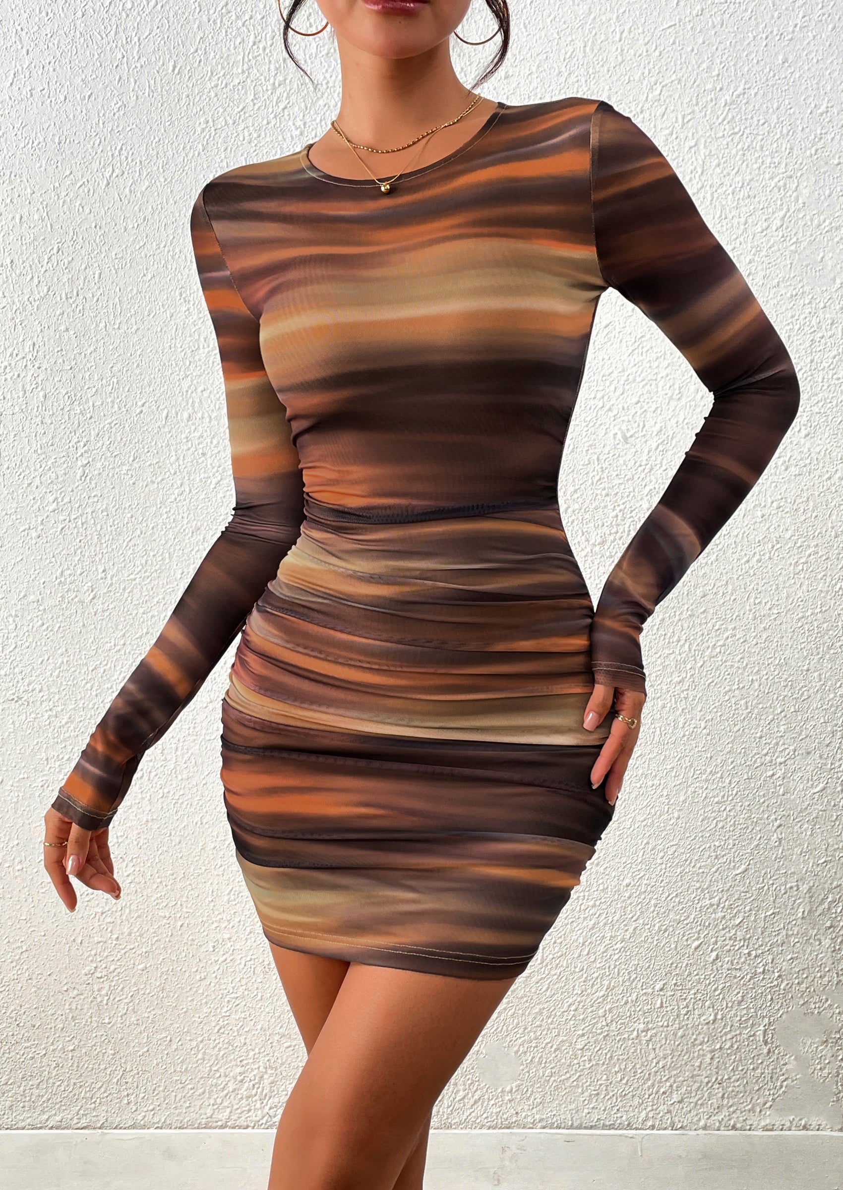 PRETTYGARDEN Women's Mini Dress Fall Trendy Tie Dye Print Long Sleeve Club Party Homecoming Casual Bodycon Dresses