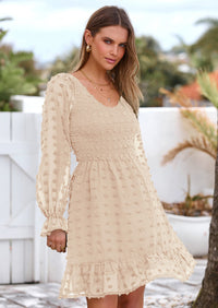 BTFBM Spring Dresses for Women 2026 Long Sleeve Casual V Neck Swiss Dot Smocked Ruffle Chiffon Flowy Mini Summer Dress PRETTYGARDEN