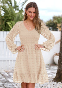 BTFBM Spring Dresses for Women 2026 Long Sleeve Casual V Neck Swiss Dot Smocked Ruffle Chiffon Flowy Mini Summer Dress PRETTYGARDEN