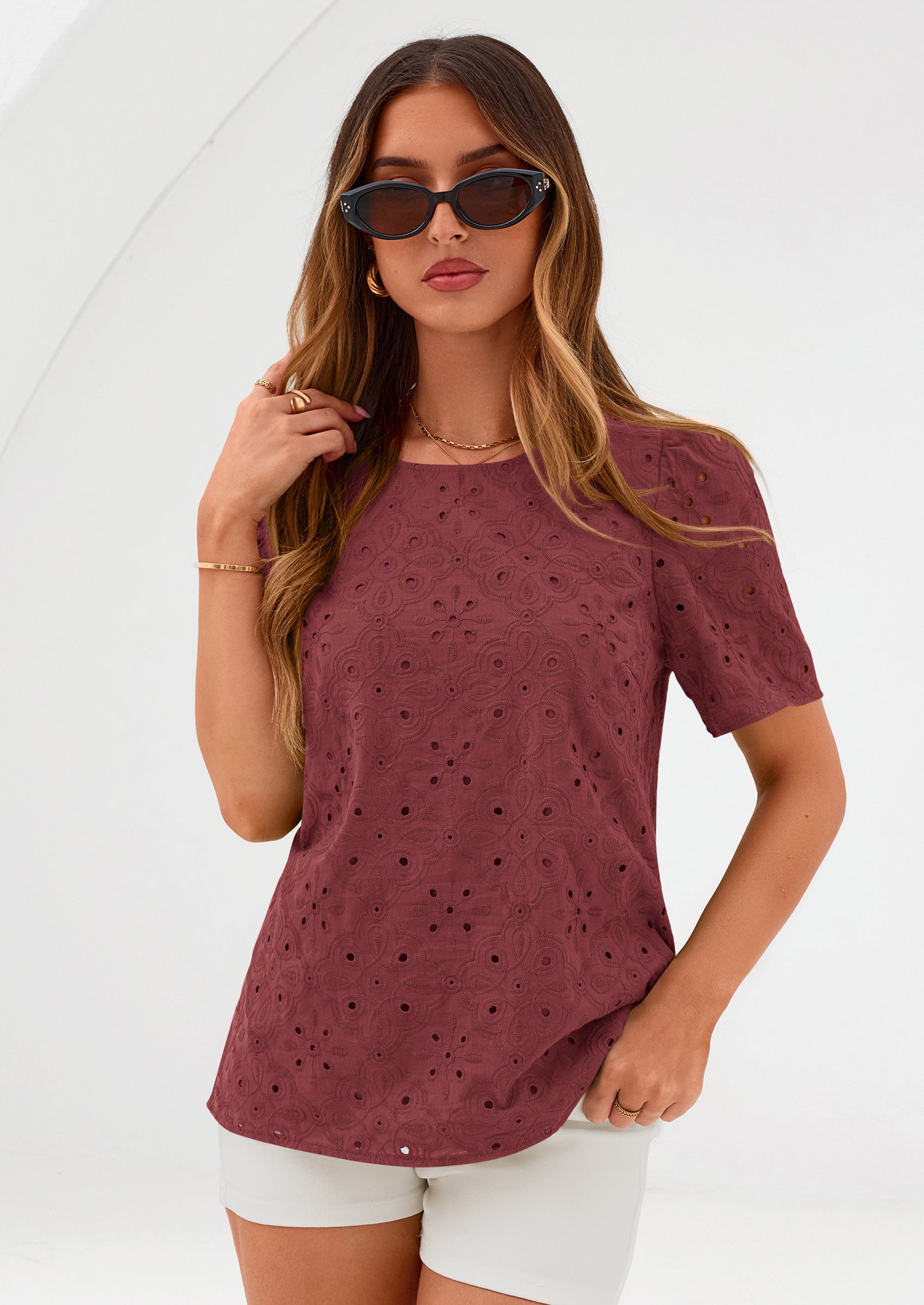 PRETTYGARDEN Women's Puff Short Sleeve Eyelet Shirts Summer Lace Blouses Dressy Casual Work Tops Spring Teacher Clothes PRETTYGARDEN