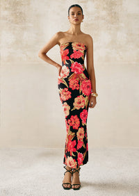 PRETTYGARDEN Women's Floral Bodycon Maxi Dresses Ribbed Strapless Tube Casual Boho Party Long Dress