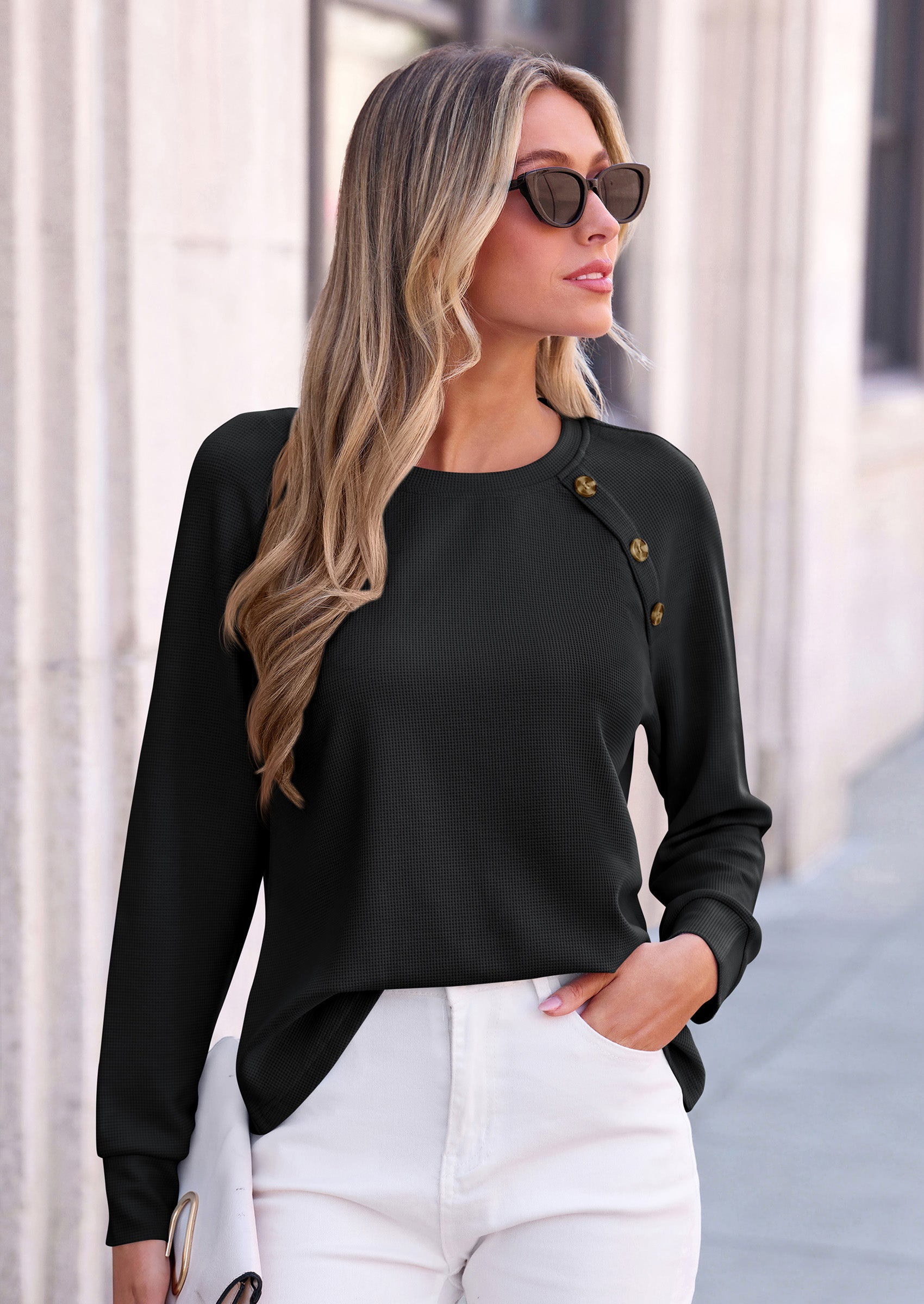 PRETTYGARDEN Long Sleeve Shirts for Women Waffle Knit Tops Fall Fashion Dressy Casual Loose Tunic Blouse Winter Clothing