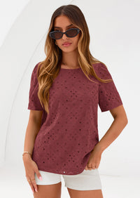 PRETTYGARDEN Women's Puff Short Sleeve Eyelet Shirts Summer Lace Blouses Dressy Casual Work Tops Spring Teacher Clothes PRETTYGARDEN