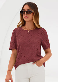 PRETTYGARDEN Women's Puff Short Sleeve Eyelet Shirts Summer Lace Blouses Dressy Casual Work Tops Spring Teacher Clothes PRETTYGARDEN