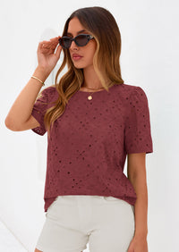 PRETTYGARDEN Women's Puff Short Sleeve Eyelet Shirts Summer Lace Blouses Dressy Casual Work Tops Spring Teacher Clothes PRETTYGARDEN