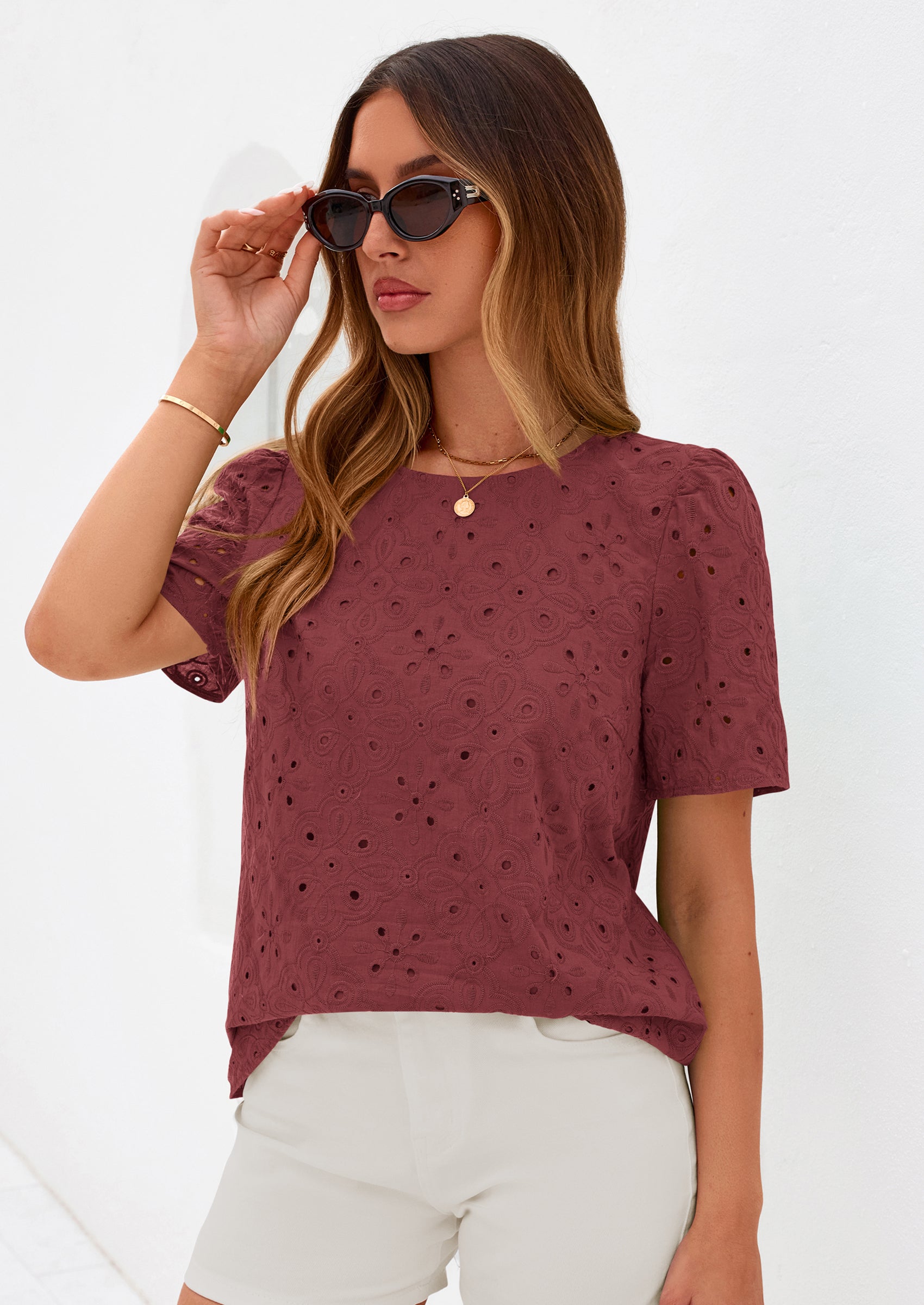 PRETTYGARDEN Women's Puff Short Sleeve Eyelet Shirts Summer Lace Blouses Dressy Casual Work Tops Spring Teacher Clothes PRETTYGARDEN