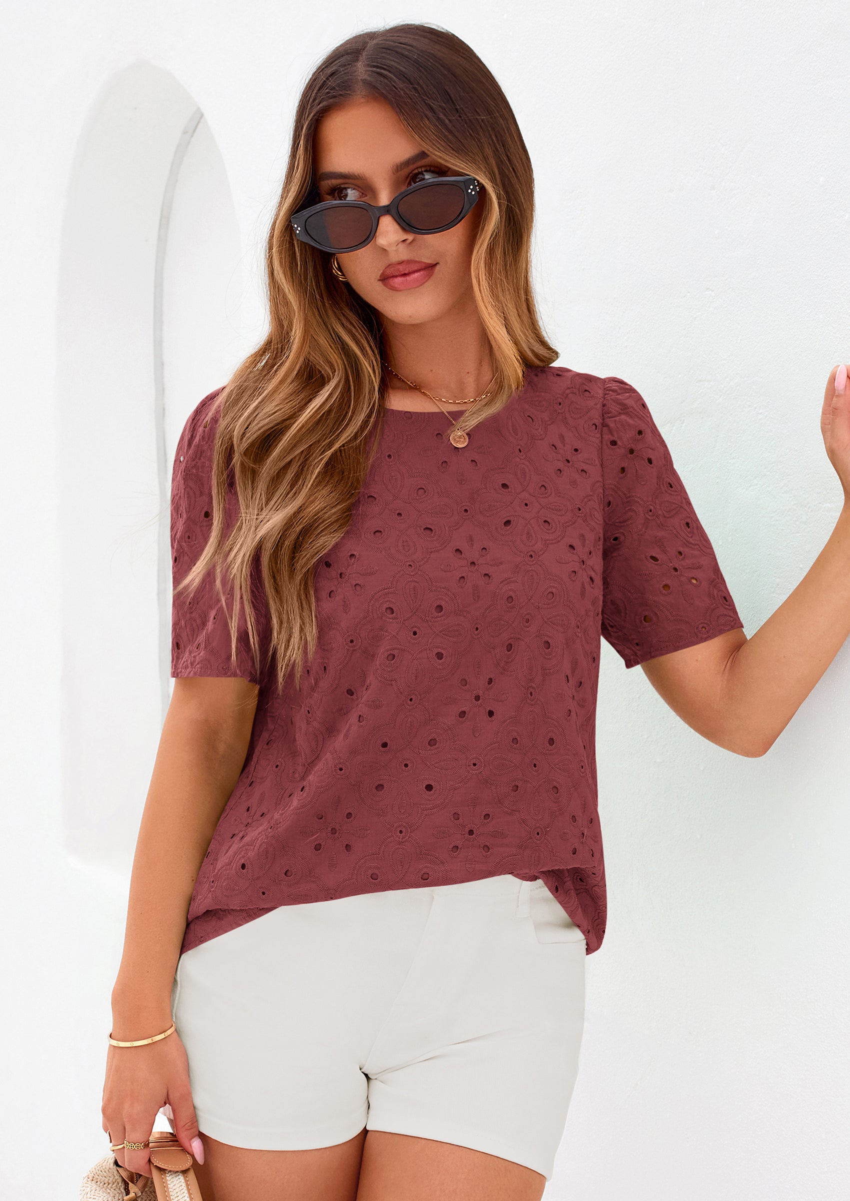 PRETTYGARDEN Women's Puff Short Sleeve Eyelet Shirts Summer Lace Blouses Dressy Casual Work Tops Spring Teacher Clothes PRETTYGARDEN