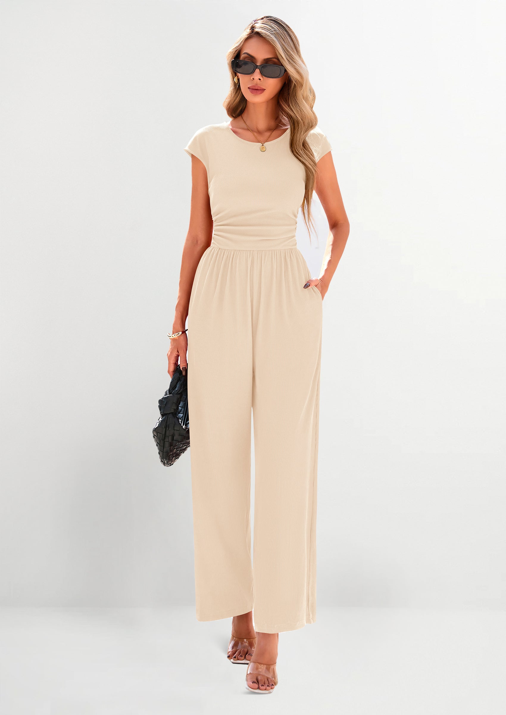 PRETTYGARDEN Summer Jumpsuits Ribbed Cap Sleeve Wide Leg Pants Women's Rompers Elegant Casual Trendy Vacation Outfits