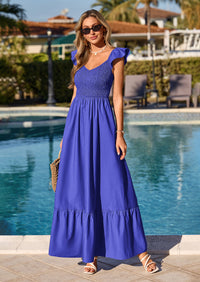 PRETTYGARDEN Women's Summer Casual Maxi Dresses Cap Sleeve V Neck Smocked Long Pockets Party Sundress Vacation Outfits