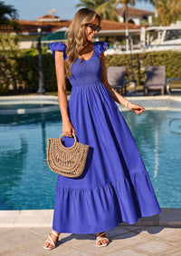 PRETTYGARDEN Women's Summer Casual Maxi Dresses Cap Sleeve V Neck Smocked Long Pockets Party Sundress Vacation Outfits