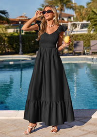 PRETTYGARDEN Women's Summer Casual Maxi Dresses Cap Sleeve V Neck Smocked Long Pockets Party Sundress Vacation Outfits