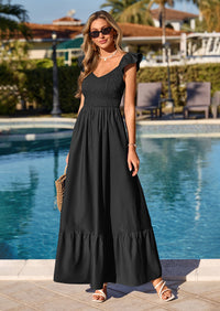 PRETTYGARDEN Women's Summer Casual Maxi Dresses Cap Sleeve V Neck Smocked Long Pockets Party Sundress Vacation Outfits