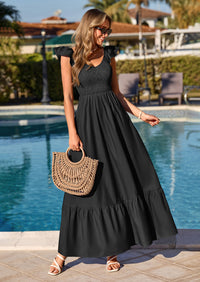 PRETTYGARDEN Women's Summer Casual Maxi Dresses Cap Sleeve V Neck Smocked Long Pockets Party Sundress Vacation Outfits