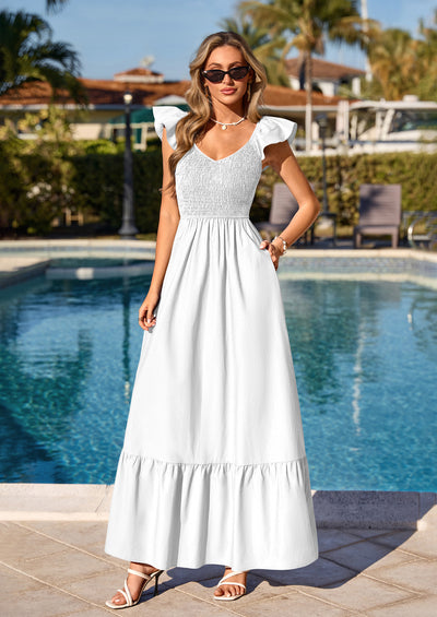 PRETTYGARDEN Women's Summer Casual Maxi Dresses Cap Sleeve V Neck Smocked Long Pockets Party Sundress Vacation Outfits