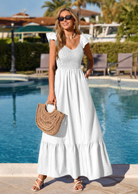 PRETTYGARDEN Women's Summer Casual Maxi Dresses Cap Sleeve V Neck Smocked Long Pockets Party Sundress Vacation Outfits