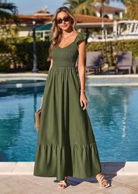 PRETTYGARDEN Women's Summer Casual Maxi Dresses Cap Sleeve V Neck Smocked Long Pockets Party Sundress Vacation Outfits