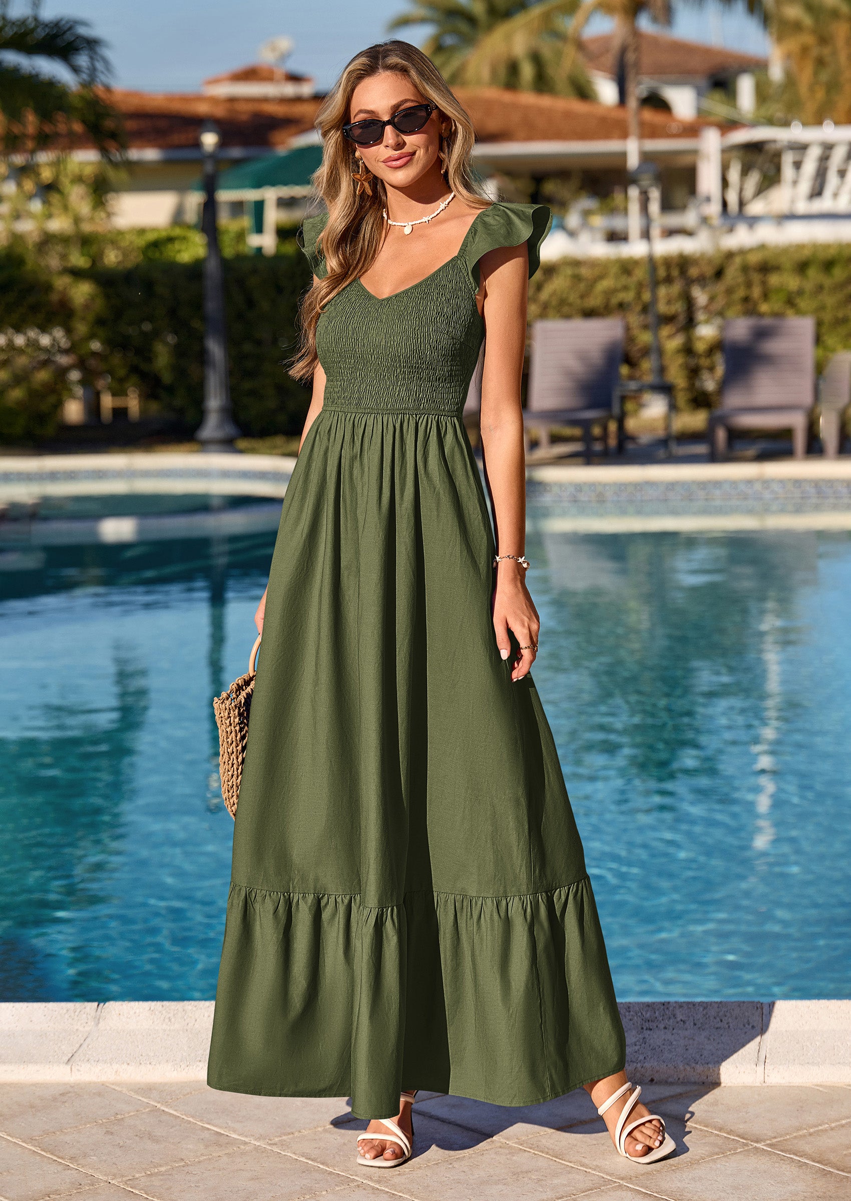 PRETTYGARDEN Women's Summer Casual Maxi Dresses Cap Sleeve V Neck Smocked Long Pockets Party Sundress Vacation Outfits