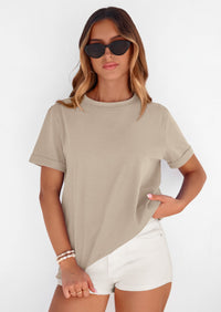 PRETTYGARDEN Womens Summer Tops Spring Casual Rolled Short Sleeve Basic Tees Crew Neck Work Shirts Fashion Clothing PRETTYGARDEN